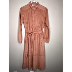 1960s Miss Sandy Salmon Pink Felt Flannel Coquette Cottage Buttoned Midi Dress M